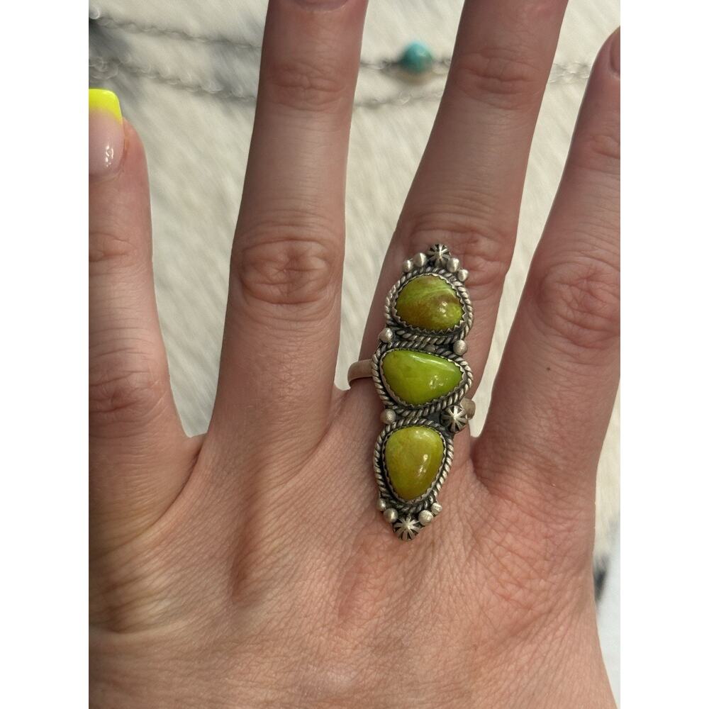 Sterling Silver Double Hearts Triple Stone Green Turquoise Adjustable Ring